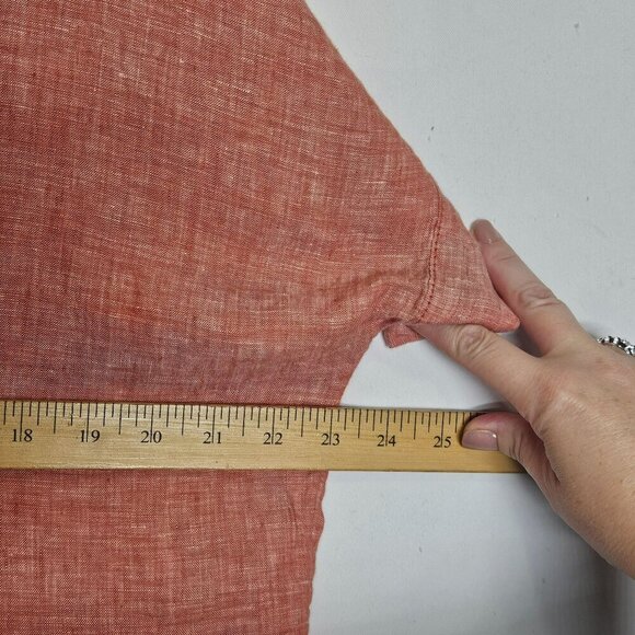 Isaac Mizrahi Linen V-Neck Top Roll Tab Sleeve Lagenlook Boxy Coral Natural L - Picture 8 of 9